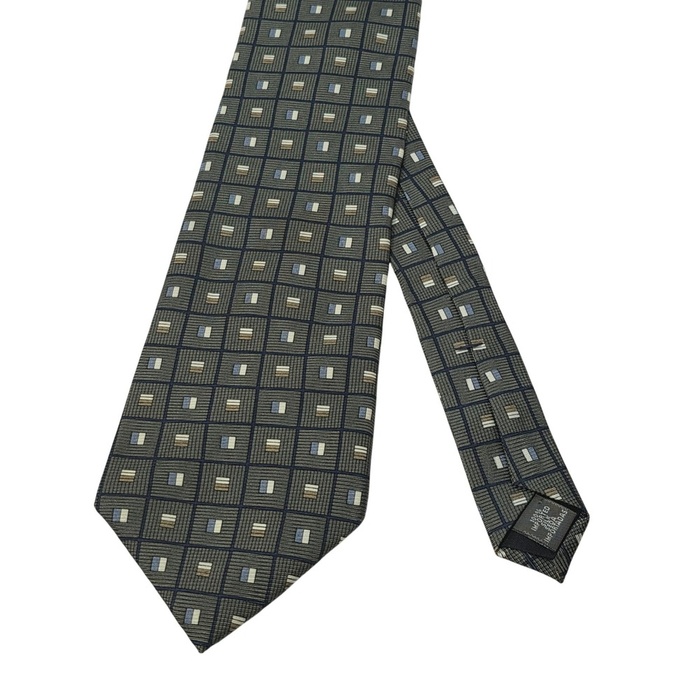 Jones New York Mens Silk Necktie Grey Blue Geometric Grid Pattern WFL 2831